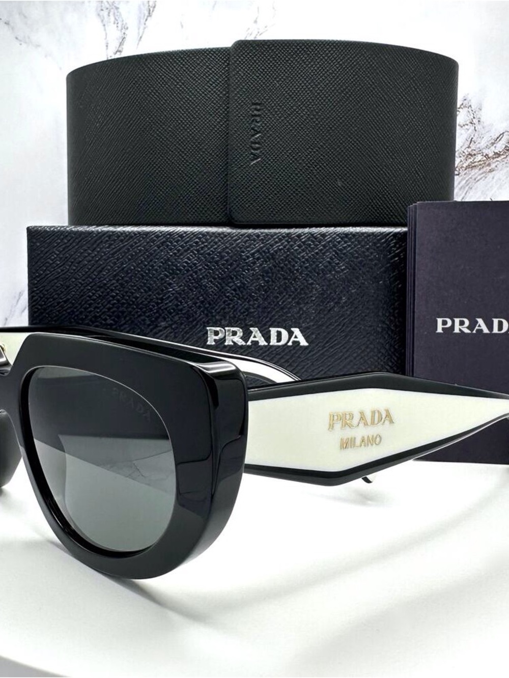 New PRADA Sunglasses Black White Talc Gold Symbole Oval Cat Eye Womens